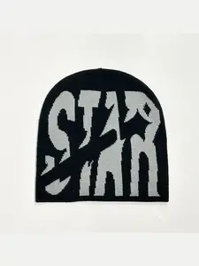 Star Letter Knit Beanie, Hip Hop Street Skull Hat, Retro Star Print Warm Knit Skull Hat, Casual Hip Hop No Brim Beanie, Multi-Color Star Pattern, Vintage Fashion Hat, Cozy Beanie