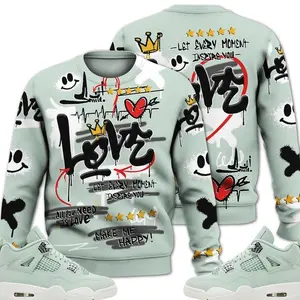 4 Retro Abundance Seafoam Sweatshirt, Seafoam 4s Shirt, Happy Love Beats Graffiti Outfits Streetwear Sneaker Matching Fabric Fleece