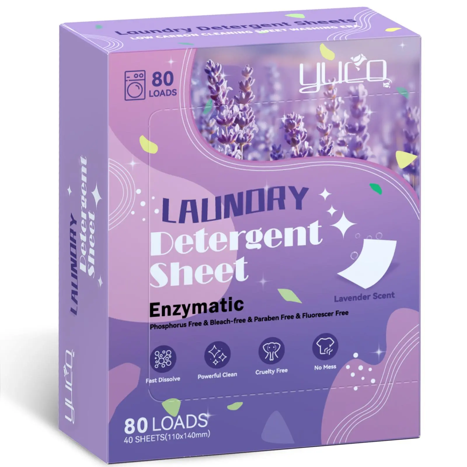 YUCO Laundry Detergent Sheets 80 Loads Liquidless Laundry Soap Sheets Fast Dissolve Travel Friendly Plastic Free Hypoallergenic Eco Laundry Detergent with Berry Lavender Sandalwood Scent for Home Camping RV power pax