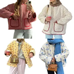 Women Autumn Aesthetic Floral Print Stand Collar Color Pocket Quilted Padded Jackets Coat Female Warm Outwear Chic Tops Womenswear Baggy
