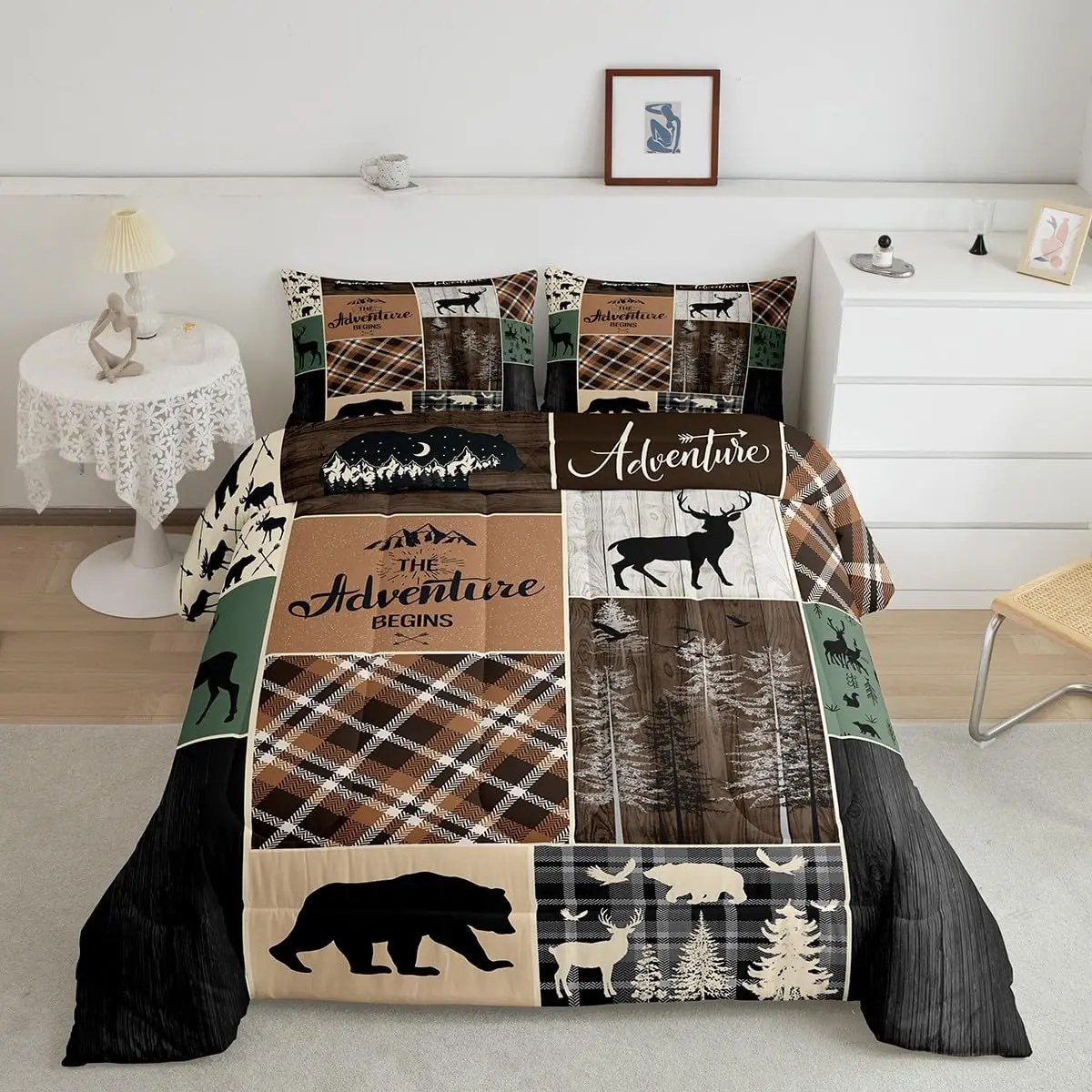 Feelyou Quilted Bedspread Set - Multi-Size Microfiber Polyester Quilt, Rustic Wildlife, Country Deer, Plaid Woodland Designs, King Size, Boys' Retro Cabin Decor, Travel-Friendly, All Seasons, Machine Washable