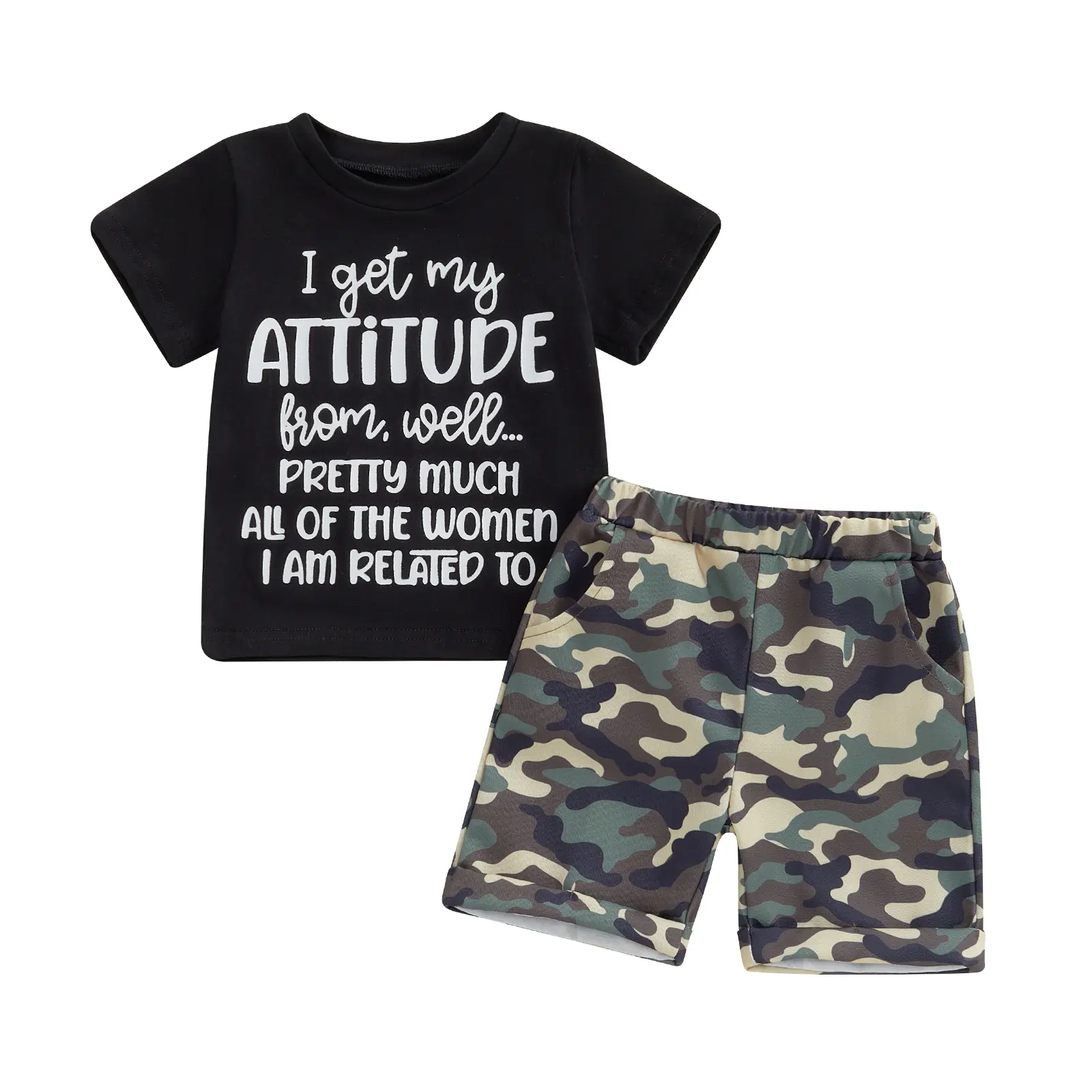 Toddler Boys Summer Outfits Funny Letter Print Round Neck Short Sleeve T-Shirts Elastic Waist Camouflage Shorts 2Pcs Clothes Set