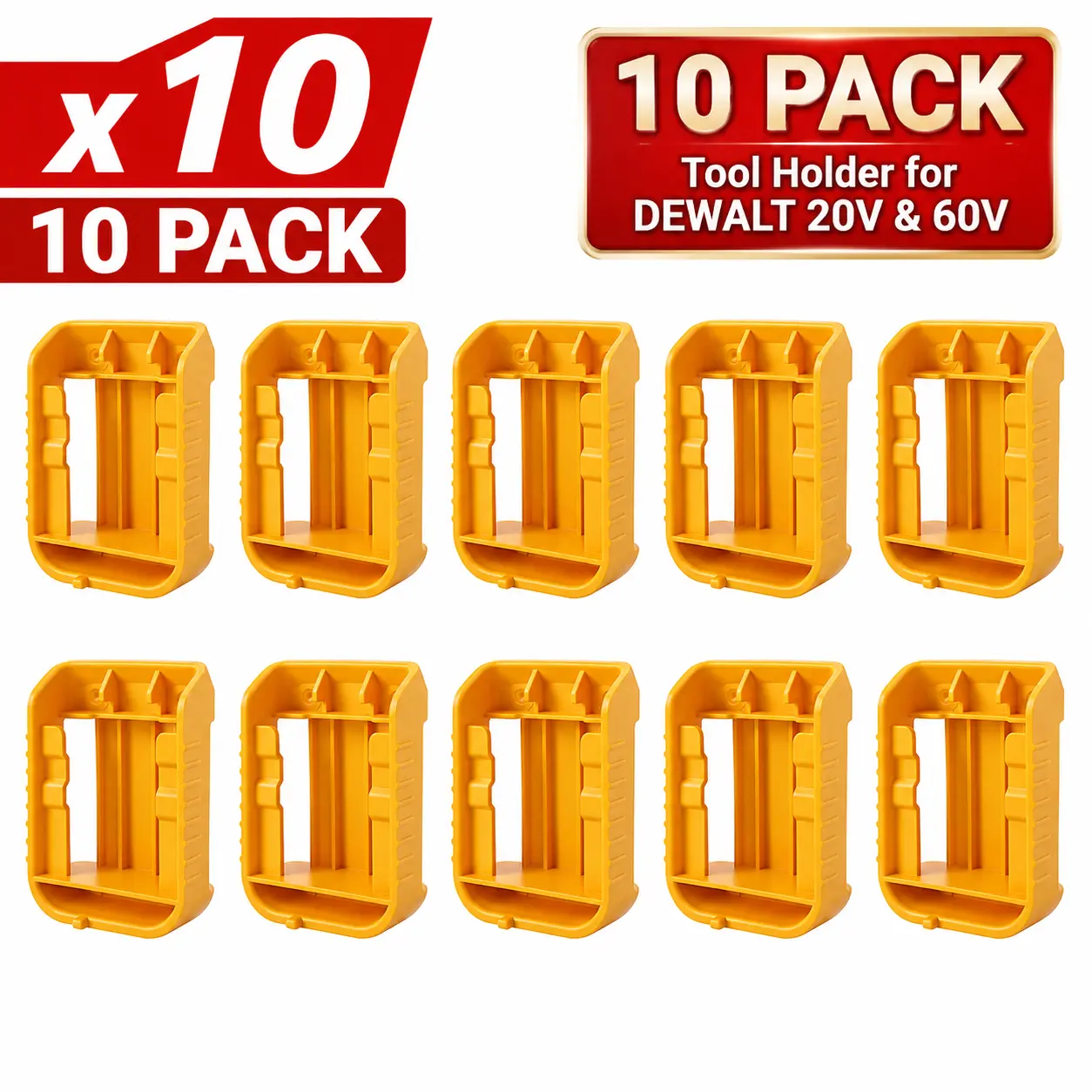 10-pack thickened ABS wall-mounted battery racks, suitable for DeWalt 20V/60V Max DCB series lithium batteries. Screw-fixed storage rack with rust-resistant coated screws and a safety lock. Suitable for garages, sturdy and durable.