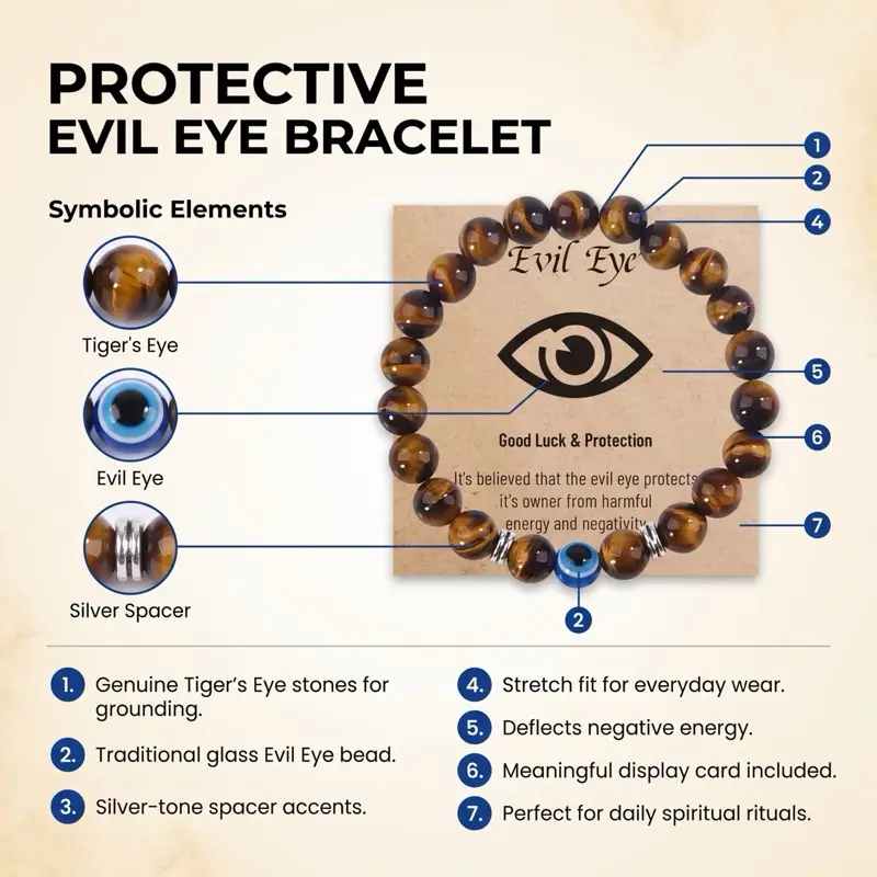 Tigers Eye or Lava Stone Evil Eye Protection Bracelet, Cable Chain & Link Costume Jewelry, Gift Card Included