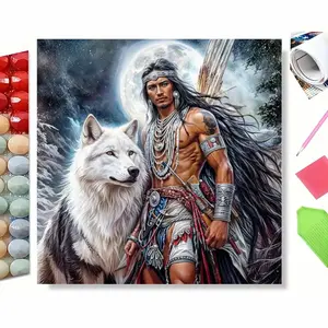 5D Full Drill Diamond Painting Kit, Native American Warrior with White Wolf Under Full Moon Art for Home Wall Decor, DIY Craft with Sparkling Beads, Canvas & Tools, Perfect for Tribal & Spiritual Themed Home Decoration