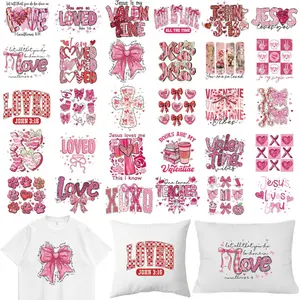 Christian Valentine Iron on Patches - 30 Sheets Valentine's Day Pink Religious DTF Transfers Ready to Press Bible Verse Bow Cross Heat Stickers Vinyl Decals for T Shirts Clothes DIY Crafts