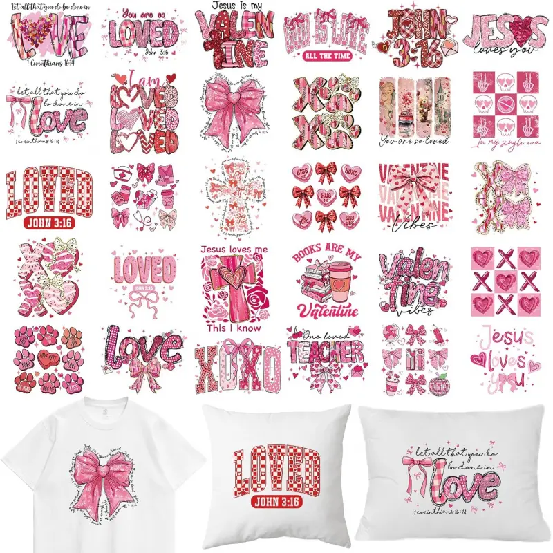 Christian Valentine Iron on Patches - 30 Sheets Valentine's Day Pink Religious DTF Transfers Ready to Press Bible Verse Bow Cross Heat Stickers Vinyl Decals for T Shirts Clothes DIY Crafts