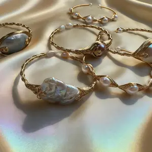 Handmade Freshwater Pearl Wire-Wrapped Bangle Elegant Jewelry Bracelet