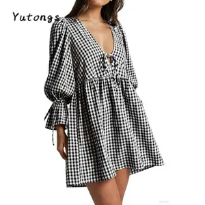 Women Mini Dress Short Sleeve V Neck Plaid Dress Summer Dress for Casual Daily Dating