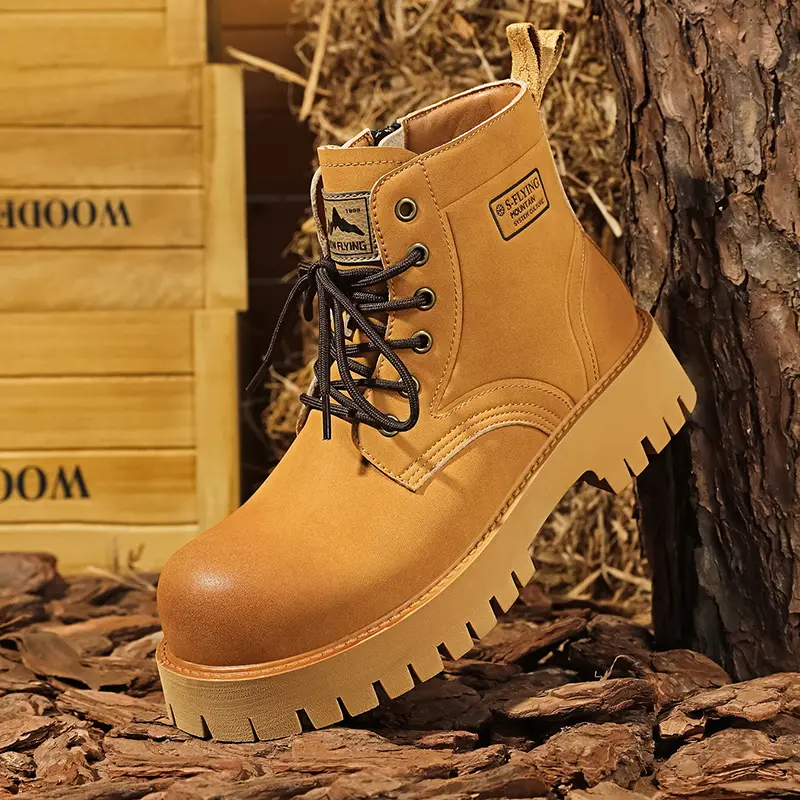 2026 New Unisex Autumn/Winter Chunky Platform Yellow Boots with Lifted Toe Cap and Round Toe, Fashionable Workwear Boots