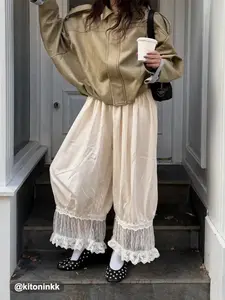 Mid Rise Lace Patched Drawstring Cropped Bloomer Pants