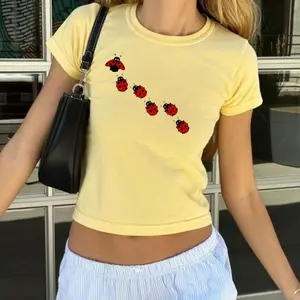 Lady Bug Coquette Graphic Baby Tee, Cute Lady Bug Women's Fitted T-Shirt, Insect Cottagecore Retro Y2k 90s Women's Baby Tees, Gift for Her