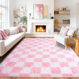 XEXSIN Large Fluffy Checkered Rugs for Living Room, Shag Rug for Bedroom, Soft Non Slip Shag Carpet for Kids Room Nursery Home Decor, Dorm Carpet with Non-Slip Bottom Aesthetic Carpet for Girls Home