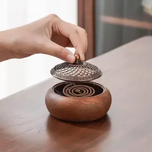 Round Incense Burner - Handcrafted Wooden Censer with Alloy Lid for Sticks/Cones/Sage, Natural Wood Aroma Tray Holder for Yoga Meditation