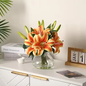 6-Pack Realistic Silk Lilies Artificial Flowers with Glass Vase – Lifelike Faux Lily Bouquet for Home Wedding Office Decor,No Maintenance,Bendable Stems,Ready-to-Display-Orange & Yellow