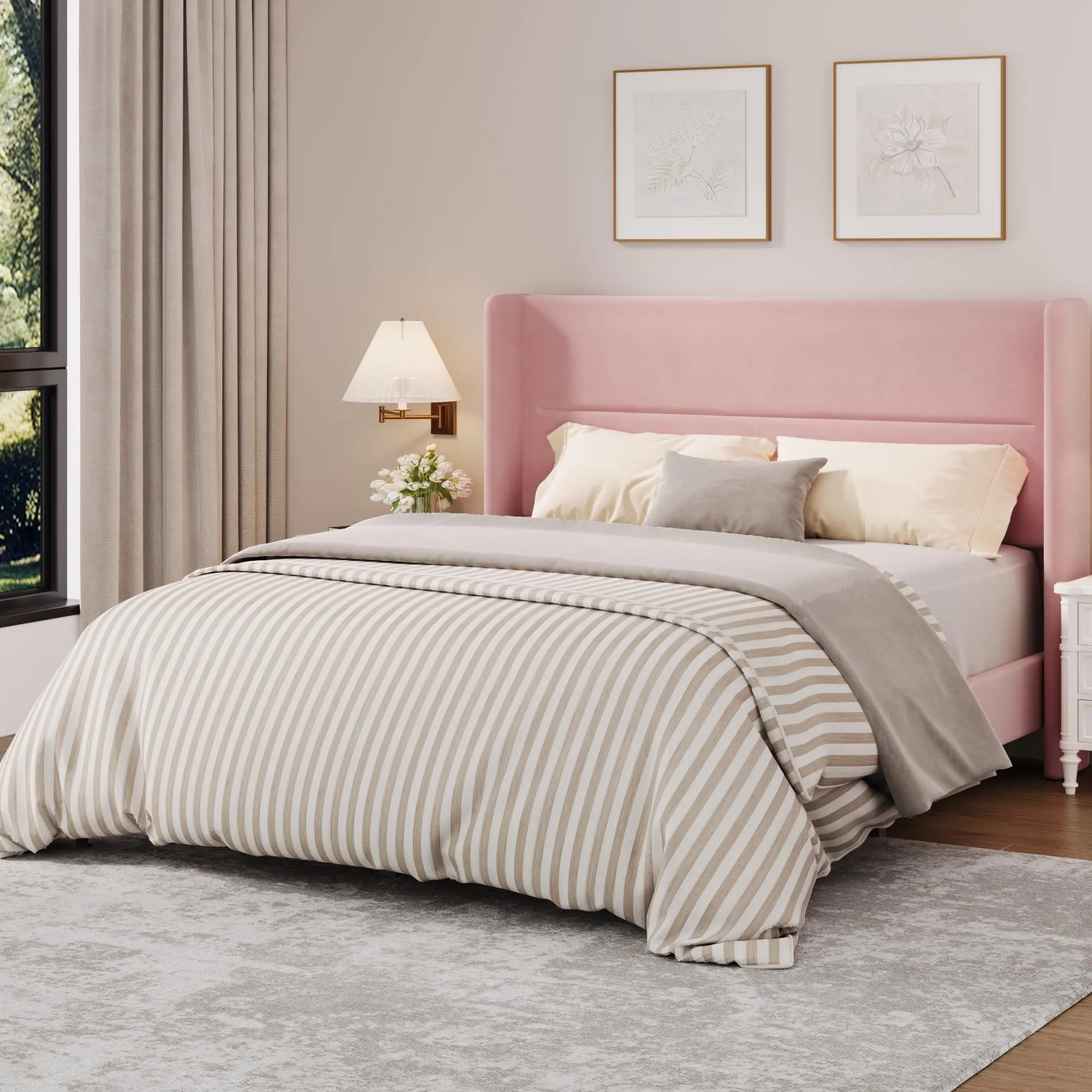 Velvet Upholstered Wingback Headboard Bed Frame for Modern Bedroom, Strong Wood Slats, No Box Spring Needed, Chic Bed Frames