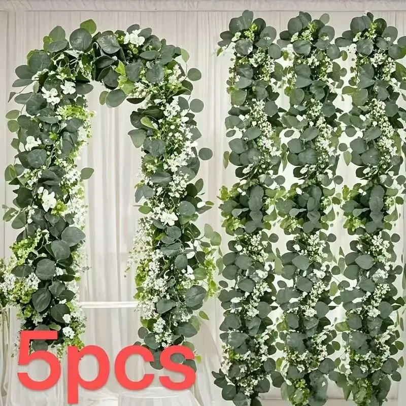 5 Pcs 6ft Artificial Eucalyptus Garland Set, Decorative Artificial Plants, Faux Eucalyptus Greenery with White Decorative Flowers, Elegant Flower Design, Fake Willow Vines for Wedding Arch Mantel Table Home Party Decor