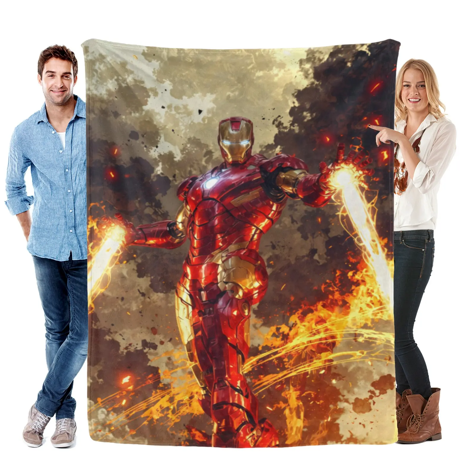 [SummerVibes] Marvel Classic Iron Man Flame Smoke Throw Blanket - Super Cozy Flannel, Bold Red Gold Armor Print, Perfect for Couch, Bedroom & Camping Use