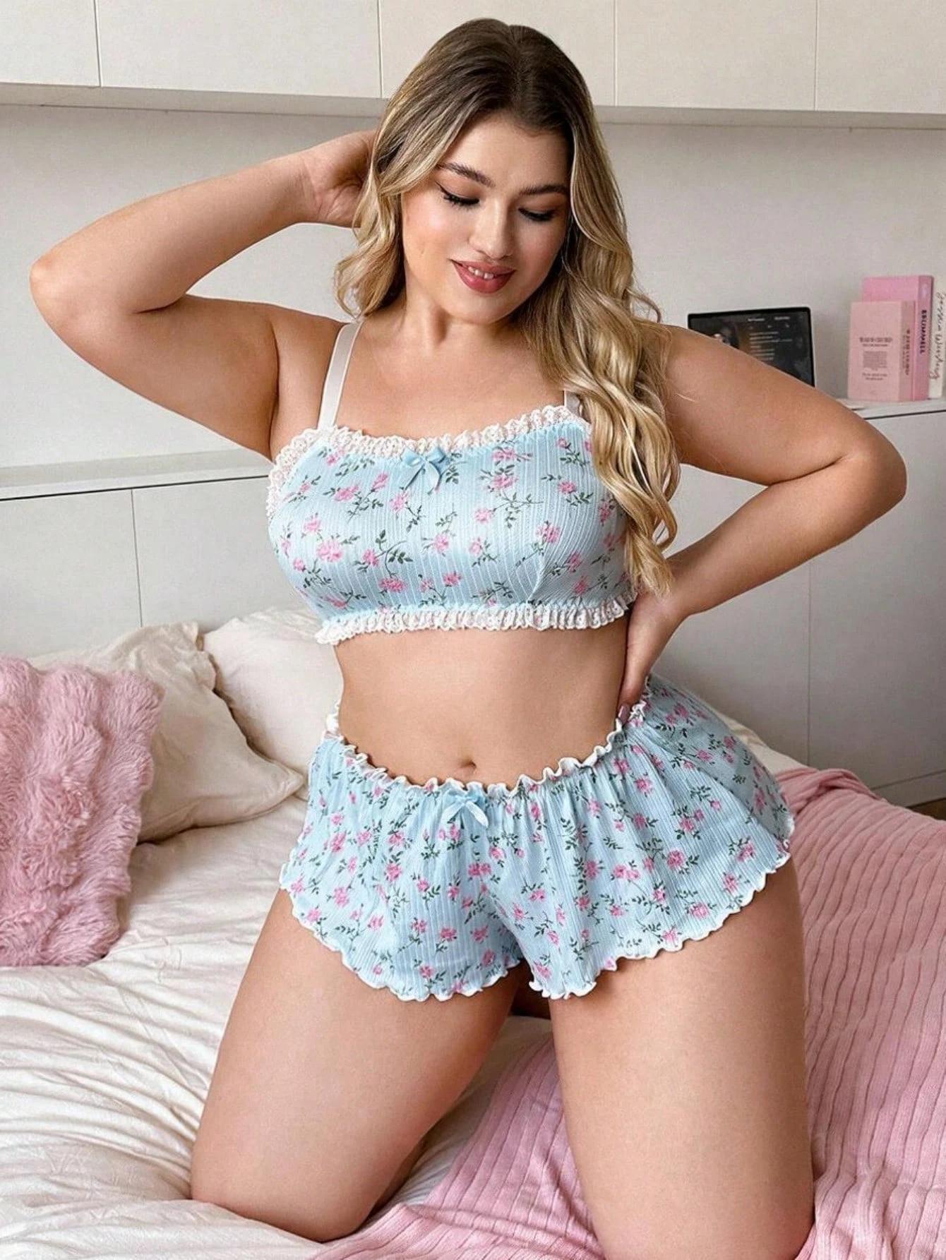 VYNCE Plus Size Women Sexy Printed Ruffle Lingerie Set 2pcs Intimates Nightwear Sleepwear Matching Set Cute Comfy Valentine's Day Gift For Her