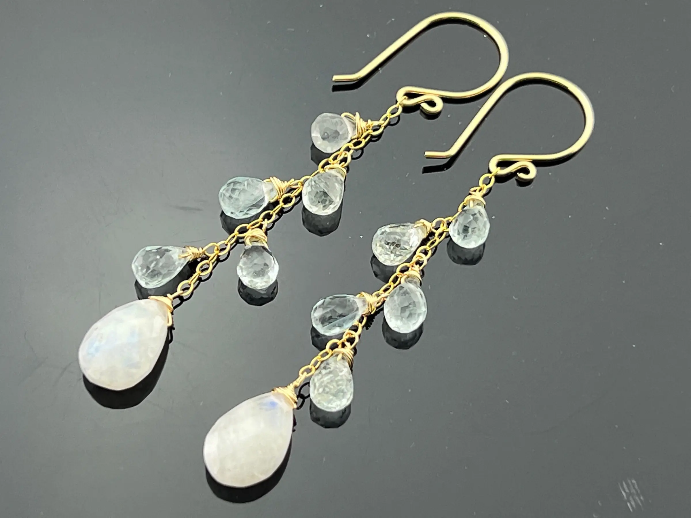 Rainbow Moonstone & Aquamarine Cluster Earrings • 925 Sterling Silver or 14K Gold Filled • Gemstone Jewelry