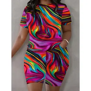 Plus Size Short-sleeved Shorts Set, Medium-stretch Fabric, Abstract Print, Shorts with Pockets