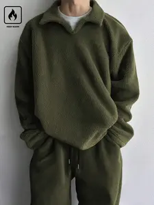 Men's Fuzzy Set, Vintage Collar Top + Wide-Leg Pants, Thick Lamb Wool Fabric, Casual Loose Fit, Fall & Winter Comfortable Wear, Knit, Clothes