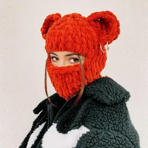 Knitted Plush Face Mask Balaclava for Women, Handmade Thick Yarn Hood with Cute Bear Ears for Winter Warmth and Sweet Cool Style skibalaclava High Altitude Workout Resistance Breathable Ski cat ski mask Tactical Impact UV Protection take a pooh Windproof