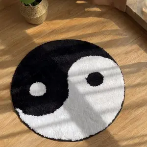 LAKEA Yin and Yang Symbol Fluffy Circle Soft Rug Geometric Graphic Rug Black and White Circle Digital Carpet for Bedroom with Chinese Characteristic