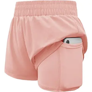 Girls Athletic Shorts High Waist Elastic 2 in 1 Running Shorts with Side Pockets 5-14 Years