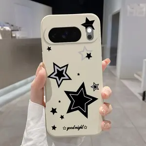 Rounded Edge Phone Case for Google Pixel 10 9 8 7 Pro A XL Black Star Pattern Anti-Scratch Shockproof Soft Liquid Silicone Protective Cover Smartphone Casing