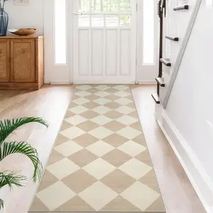 Checkered Print Rug for Hallways Non Slip 2.5x8, Thin Beige Runner Rugs Non Skid Washable, Classic Gingham Faux Wool Carpet for Bedroom Entryway