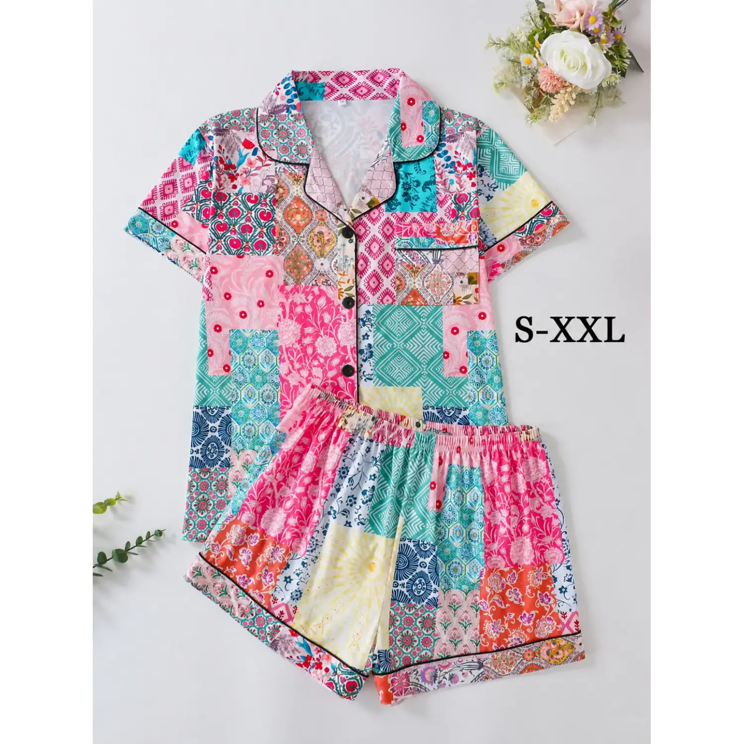 Women's Patchwork Print Short Sleeve Pajama Set: Comfy Lapel Neck Top & Shorts, All-Season Ladies Sleepwear, Casual Summer Loungewear