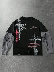 Men's Gothic Vintage Cross Print Faux Two-Piece Loose Long Sleeve T-Shirt, Casual Fashion, Aesthetic, Button Front, Patchwork Design, Fall & Winter, Menswear, Streetwear
