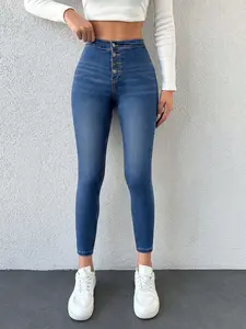 Women's High-Waisted Button Fly Skinny Denim Jeans Pants, Tummy Control Butt Lift, Slim Fit with Elasticity, Pockets, All Seasons, Sexy Style
