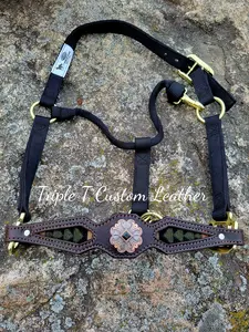 Olive & Black Wool Inlay Noseband with Concho on Black Halter