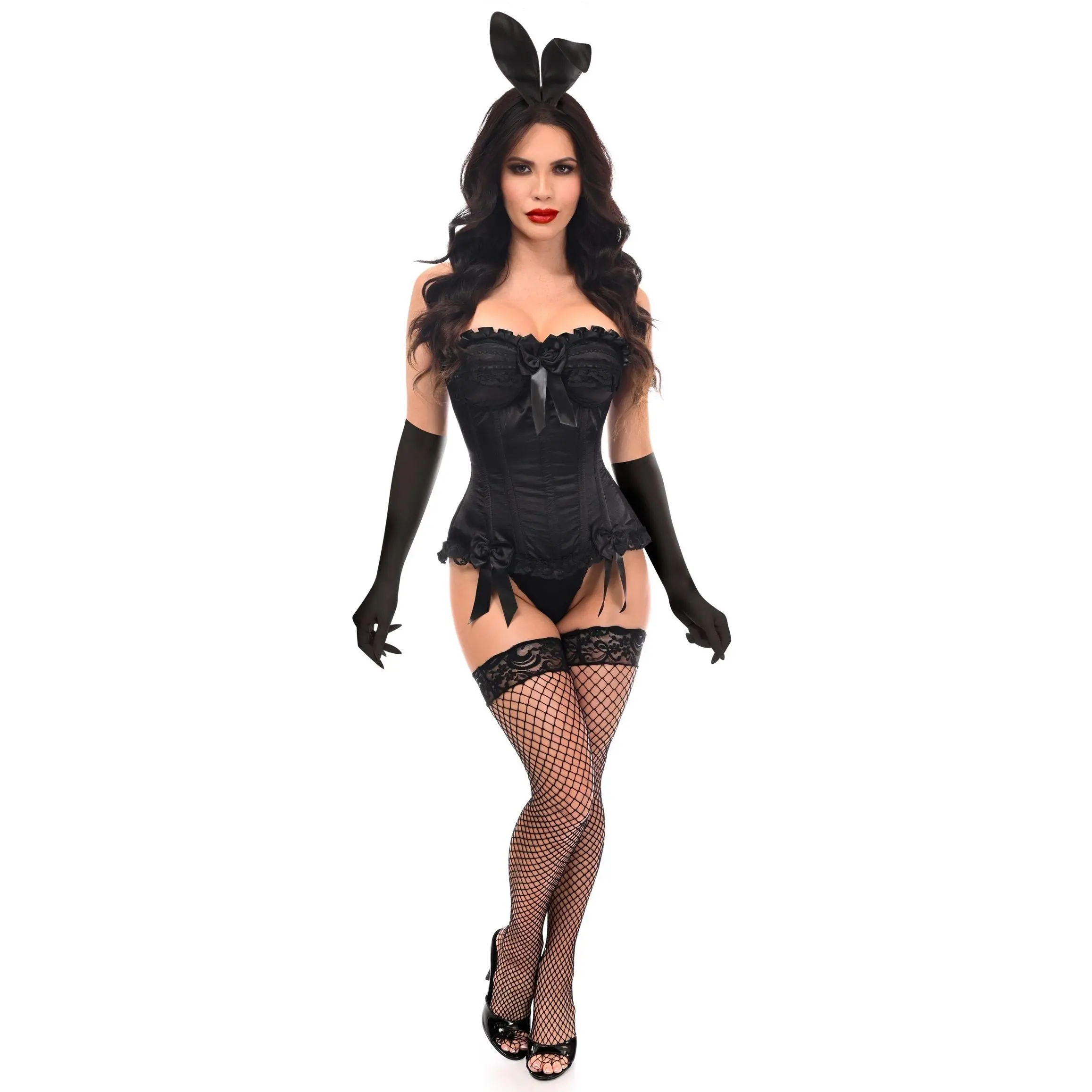 Satin 4 PC Black Burlesque Bunny Corset Costume