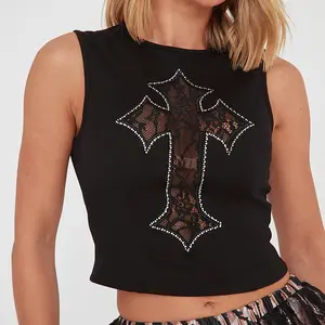 Y2k Women Crucifixion Lace Patchwork Hollow Out See Through Trend Embroidery Hot Rhinestone Design Fashion Short Tank Top Womenswear Basic