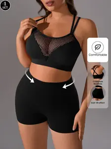 PLUS SIZE Women's Yoga Sports Set, Seamless Padded Bra Top + High Elasticity Shorts, Suitable for Yoga, Exercise, Cycling, Running, Comfortable Activewear Sets,All Seasons
