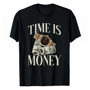 Exquisite and Comfortable Time Is Money Cash Business Millionaire Cryptocurrency Rich T-Shirt | Same Style for Men and Women, 2026 Summer Short-Sleeved Printed T-Shirt, 220G, Vintage Style, Crew Neck, Pullover, Slight Stretch Fabric, Regular Fit