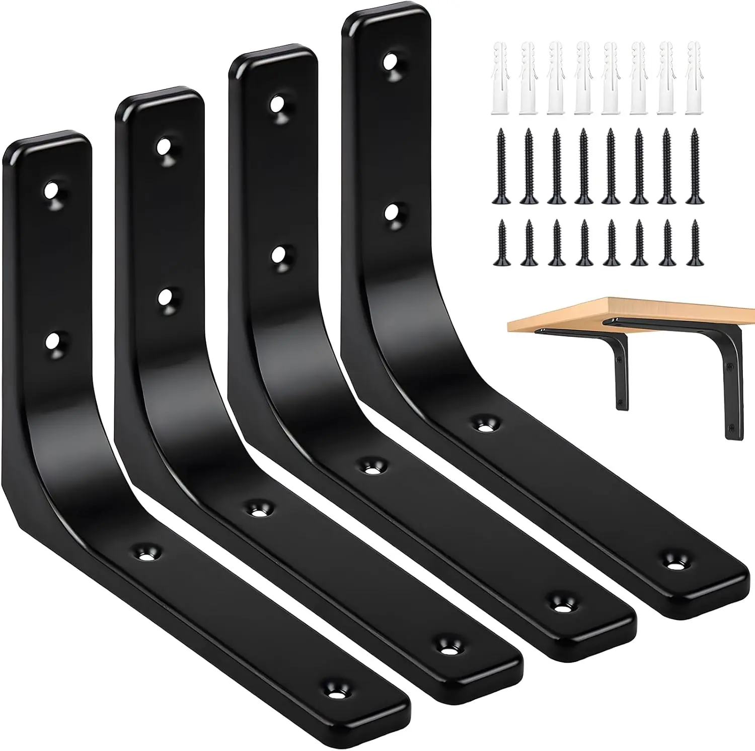 4 PCS Heavy Duty Metal Wall Mount Angle Brackets, 6x5 Inch Matte Black Decorative Joint Supports with Bolts for Wall Shelf Applications, 6 X 5 Inch, Wall Shelf Bracket