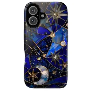 Dark Blue Celestial Starry Night Stained Glass Printed Tough Phone Case for iPhone 11-16. Crescent Moon Stars Print Fashion Trendy.