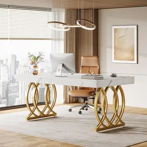 LITTLE TREE 63-Inch Executive Desk, Modern Office Computer Desk with Stylish Gold Legs, Rectangular Workstation for Home Office, Small Conference Table for Meeting Room