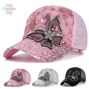 Butterfly Lace & Sequin Baseball Cap for Women, Breathable Mesh Sun Hat with Rhinestone Detail, Sparkly Glitter Trucker Hat for Summer