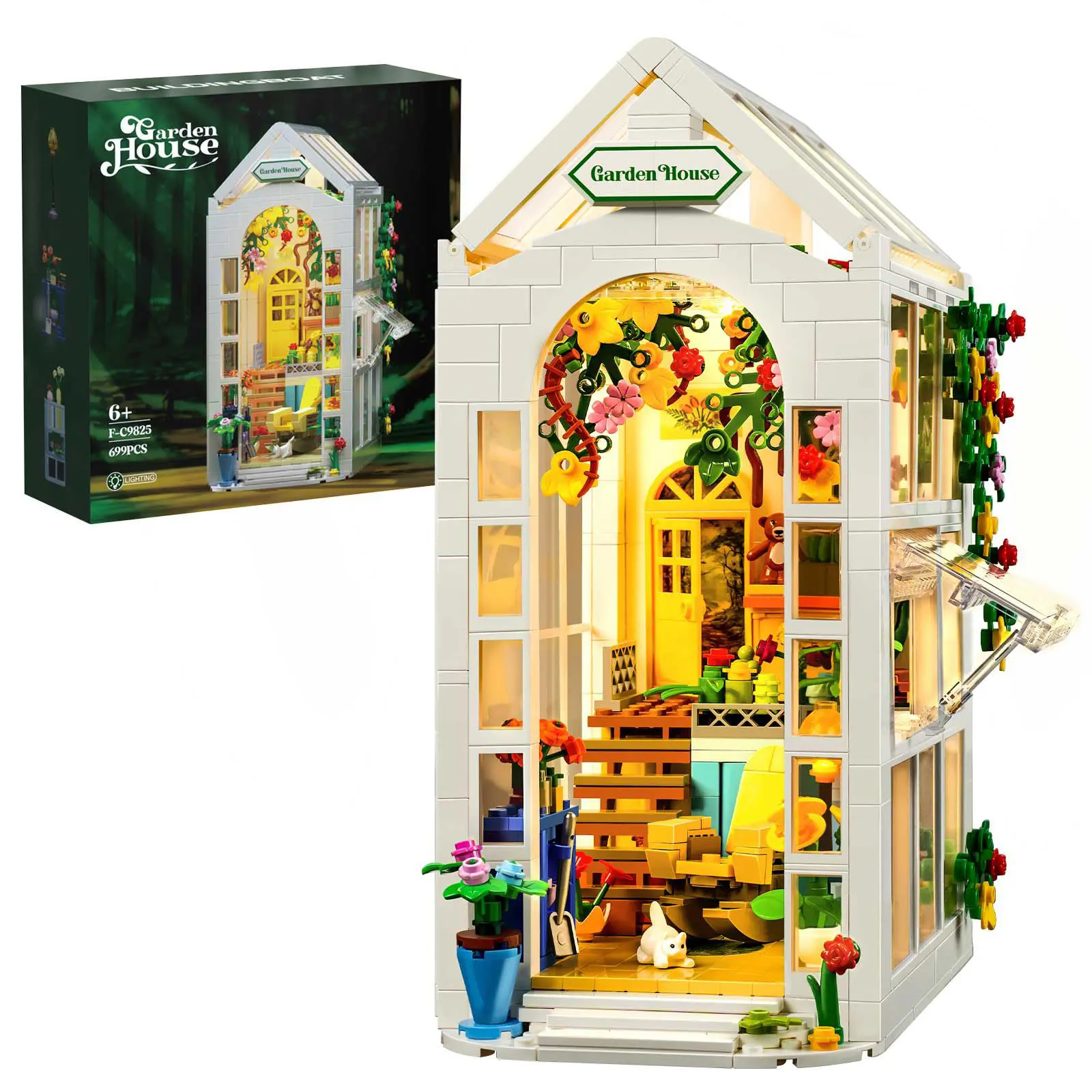 Tenngirls ABS Plastic DIY Building Block Kit Flower House Model, 699-Piece Creative Playset with LED Lights, Garden Greenhouse Book Nook Toy Gift for Girls Age 8-12