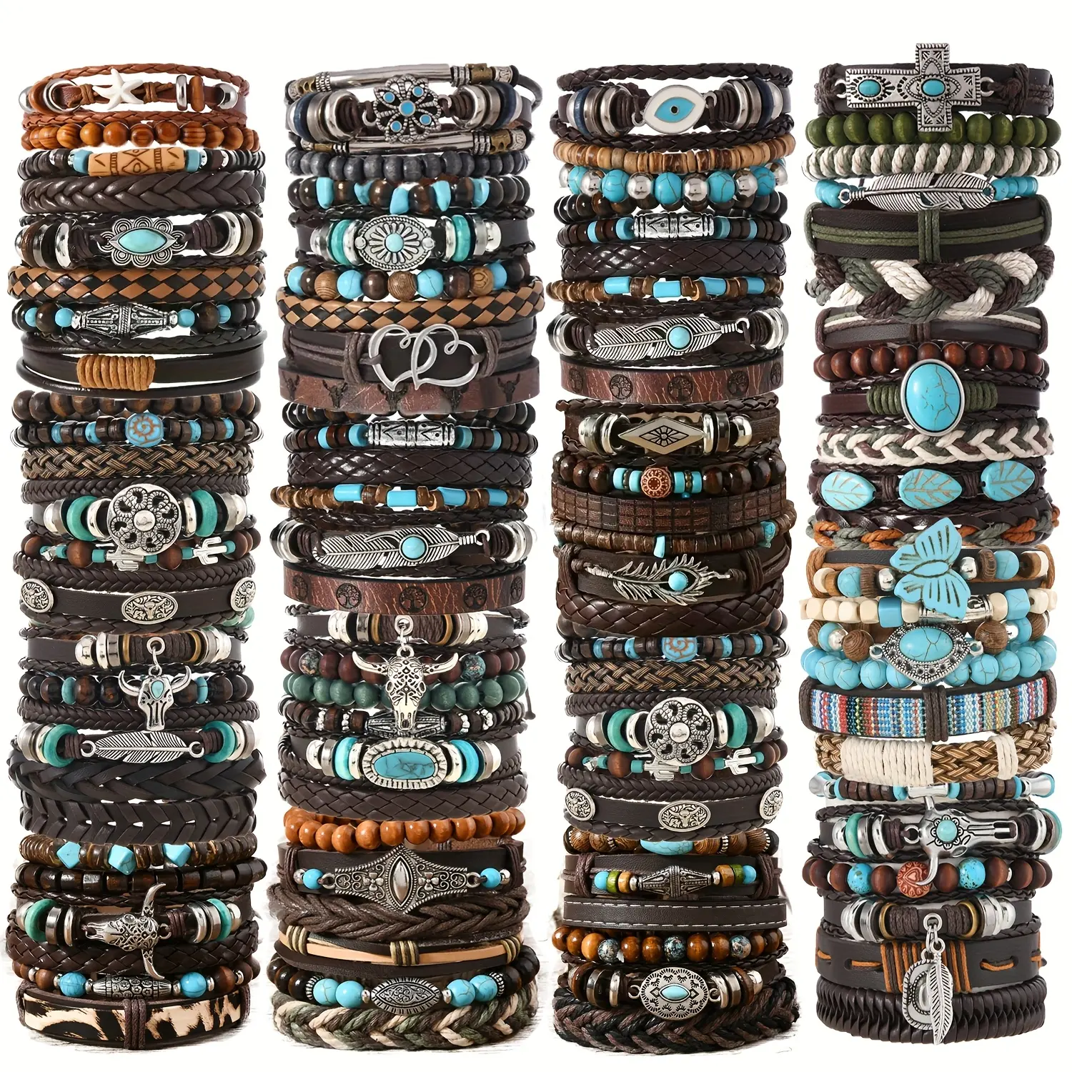 Bohemian Multilayered Bracelet Set for Women & Men, Woven Faux Leather Bangles with Turquoise Beads and Feather & Floral Charms for Daily Wear