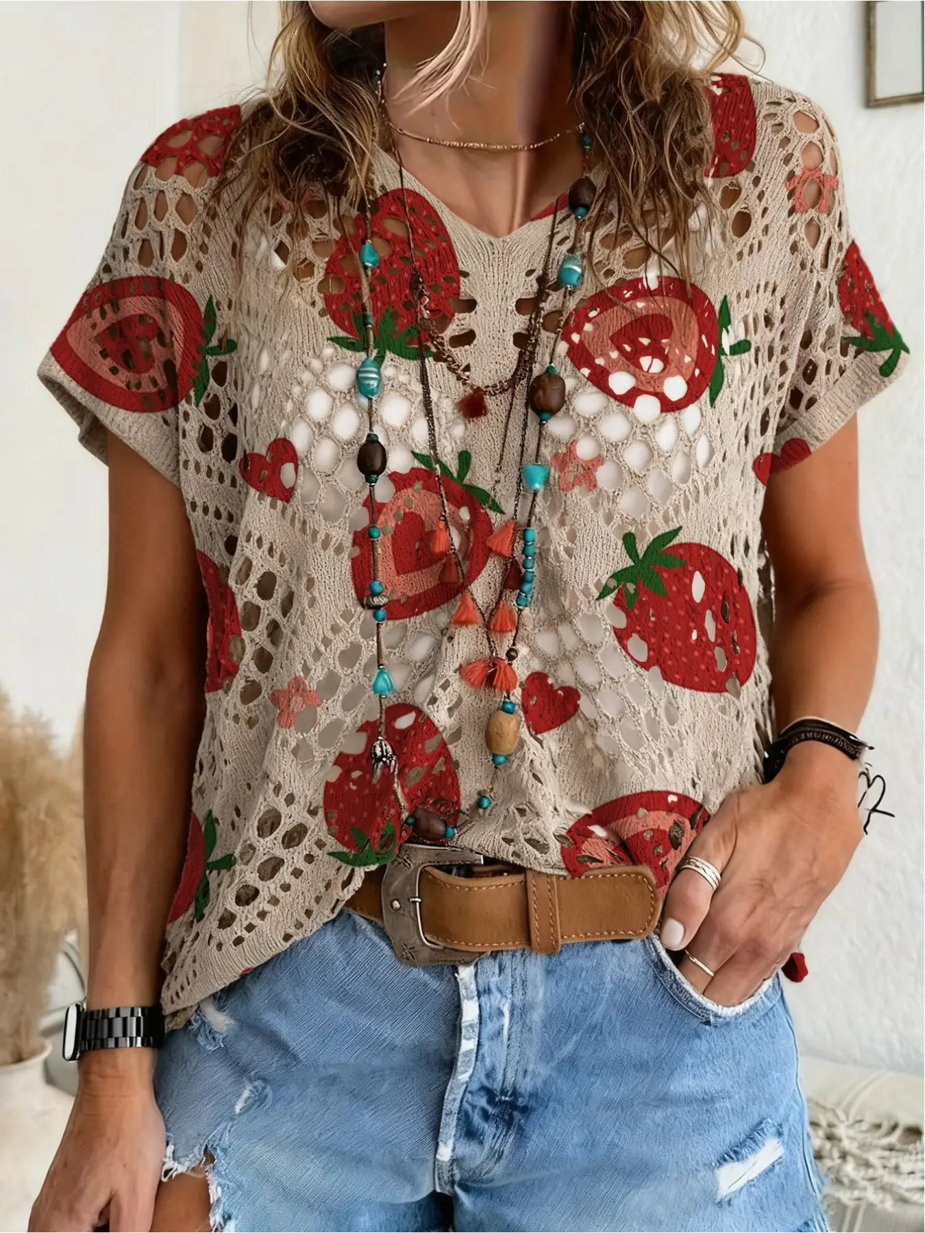 Spring/Summer style, V-neck diamond hollow out loose batwing short-sleeve cover-up, contrast color strawberry print women's knitted top, vacation style, casual and elegant for commuting, women's vest cover-up, bikini cover-up, Bohemian beach vacation cove