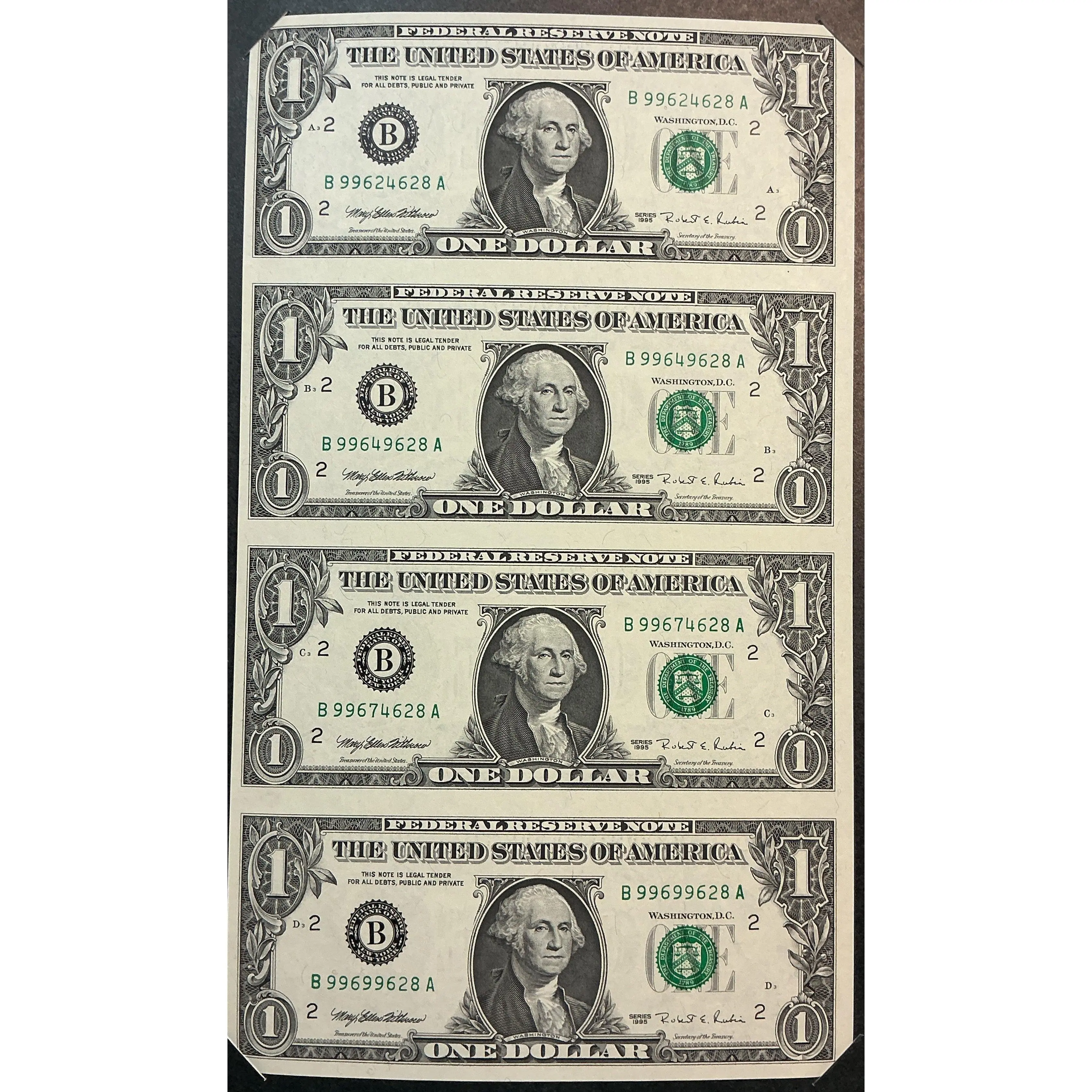 1995 Series $1 Notes, Sheet of 4 Bills, F.R.N., BEP, Store #FRN040