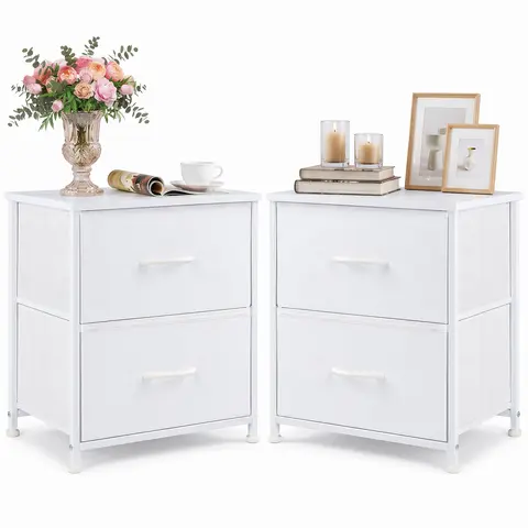 Compact Modern 2-Drawer Rectangular Nightstand with Steel Frame - Adjustable Plastic Feet, Easy Setup, Space-Saving Furniture for Small Spaces, Bedroom End Side Table, Small Storage Cupboard