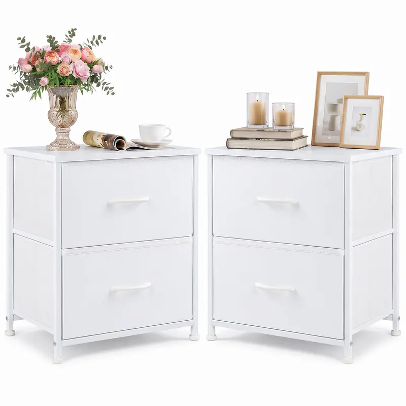 Compact Modern 2-Drawer Rectangular Nightstand with Steel Frame - Adjustable Plastic Feet, Easy Setup, Space-Saving Furniture for Small Spaces, Bedroom End Side Table, Small Storage Cupboard