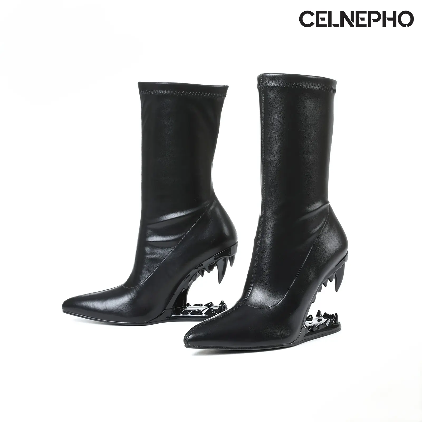 CELNEPHO Womens Morso Mid Calf Boots Pointed Toe Tiger Teeth Elegant Hollow Shaped Heel Comfy Fashionable Shark Teeth Boot  Easy Pull on  Party Gift Concert Casual Wear Trendy Dress Shoes